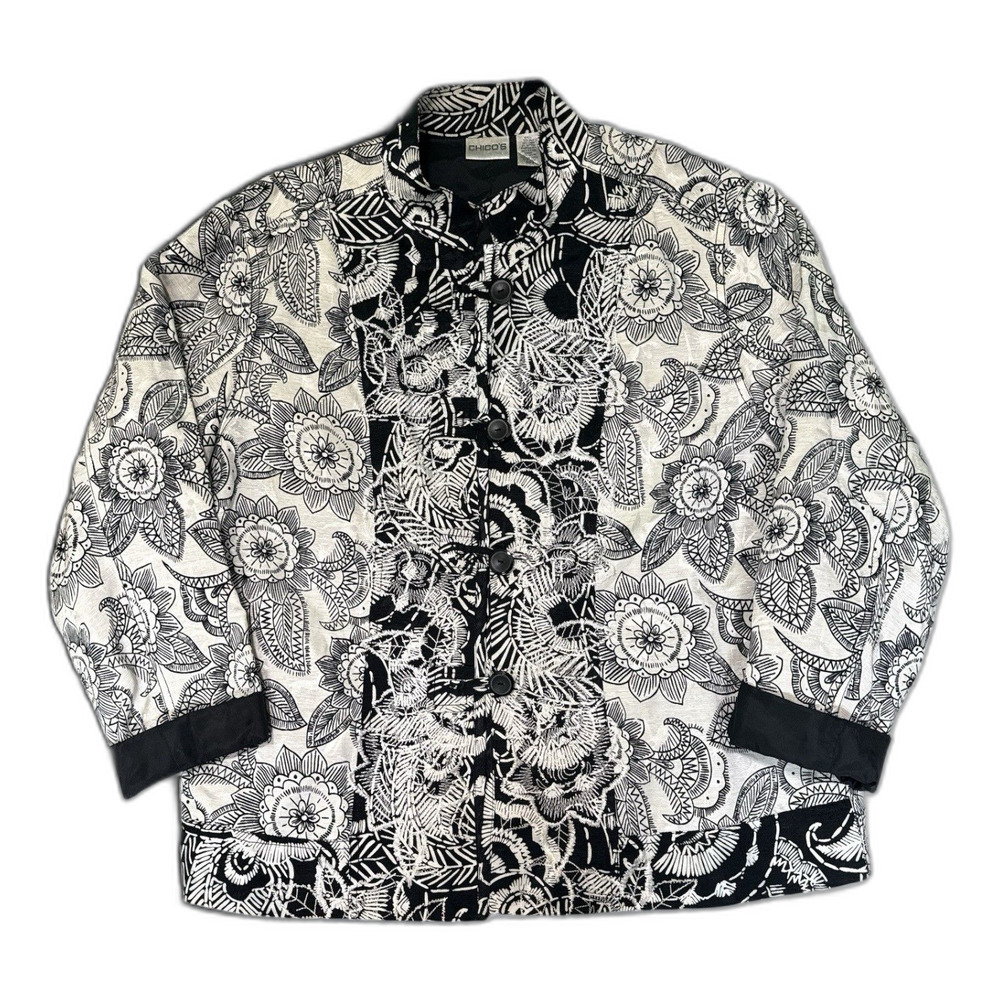 Chicos Jacket Topper Size 3 XL Black White Floral Kimono Silk Blend Boho